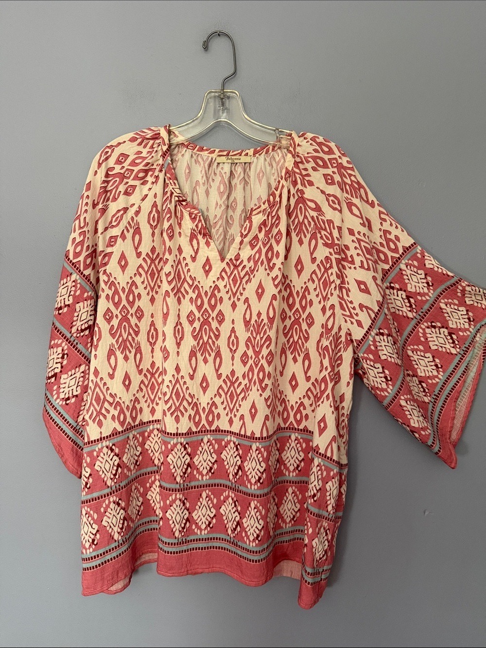 Bebonnie Lightweight Cream Peasant Top Women’s XXL Coral Geometric Print Boho - Picture 2 of 11